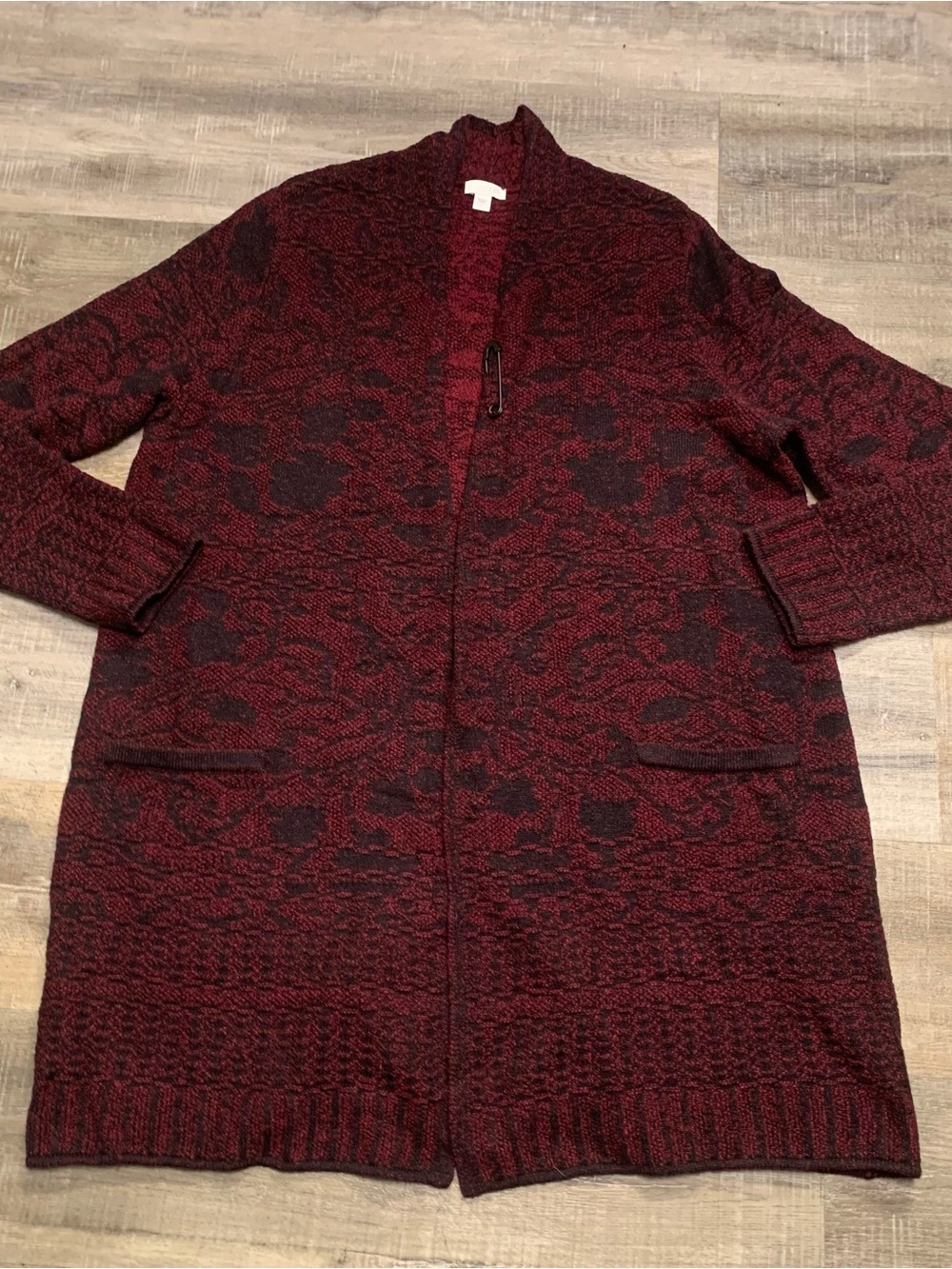 J. Jill Burgundy Black Print Open Front Long Cardigan Sweater Women’s Large